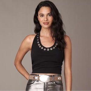 Pilcro Anthropologie Scoop-Neck Grommet Halter Top in Black size L NWT